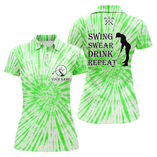 Funny Womens golf polos shirts custom name swing swear drink repeat green tie dye pattern golf shirts NQS7614