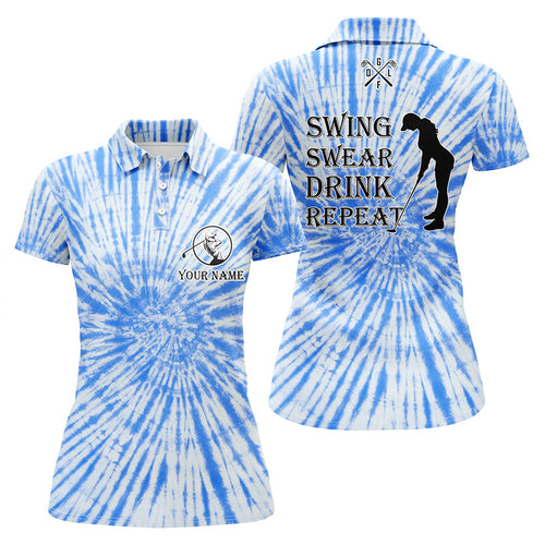 Funny Womens golf polos shirts custom name swing swear drink repeat blue tie dye pattern golf shirts NQS7615