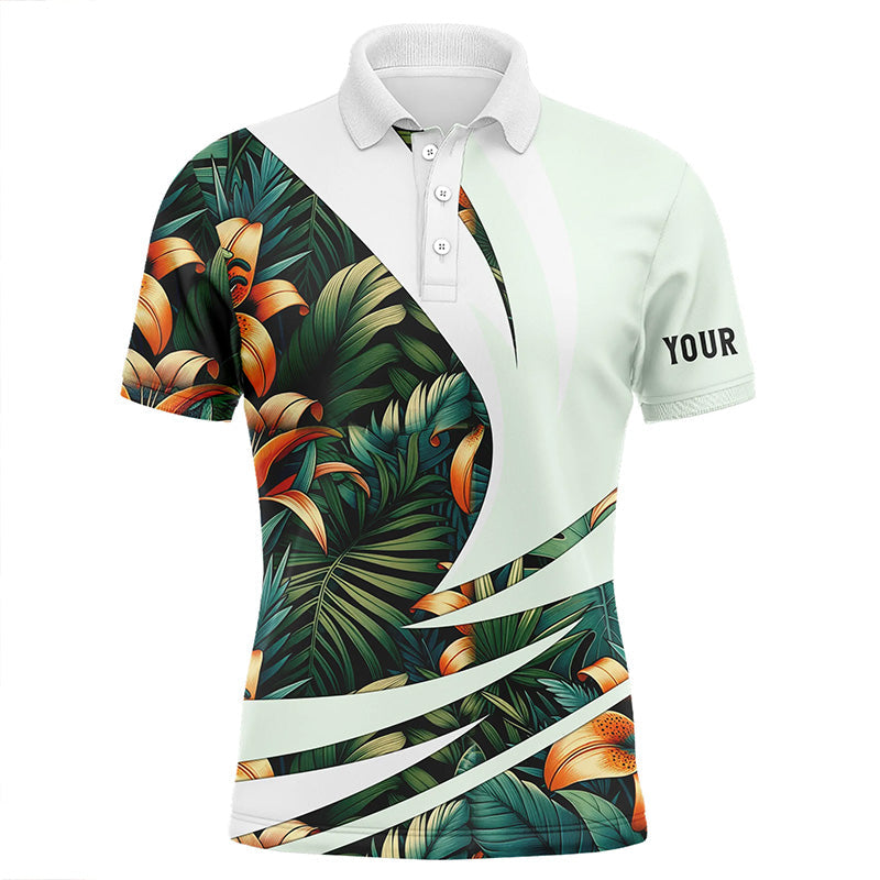 Mens golf polo shirts custom Green tropical flower pattern, best mens golf wear NQS7618