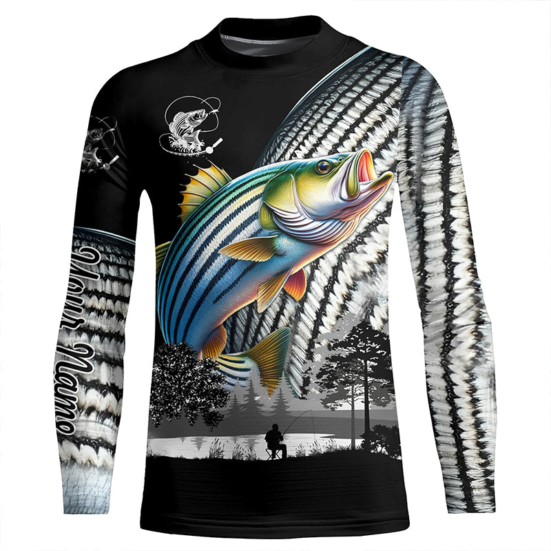 Striped Bass fishing scales white black Customize UV protection long sleeves fishing shirts NQS1945
