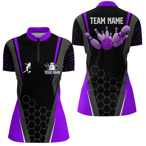 Black Women's Bowling Shirt Quarter-Zip Custom Ladies Bowlers Jersey, team bowling outfits | Purple NQS6132