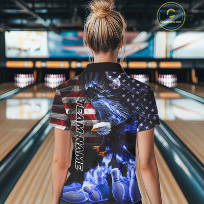 Smoke American Flag Eagle Blue Flame Bowling Shirts for Women Custom patriotic Team Bowling jerseys NQS10868