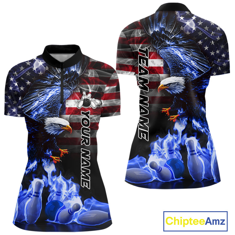 Smoke American Flag Eagle Blue Flame Bowling Shirts for Women Custom patriotic Team Bowling jerseys NQS10868