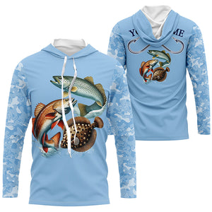 Texas slam redfish, speckled trout, flounder Texas fishing blue camo Custom performance fishing shirt NQS2621