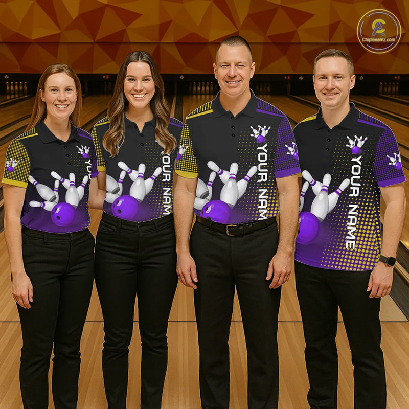 Yellow and Purple pattern Bowling shirts For Men Custom Team Bowling Jerseys, Gift For Bowler NQS11242