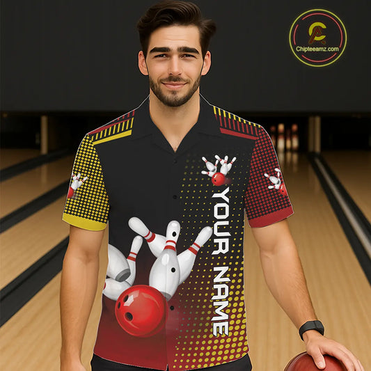 Yellow and Red pattern Bowling Hawaiian Shirt Custom Team Bowling Jerseys, Gift For Bowler NQS11243