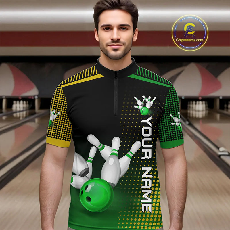 Yellow and Green pattern Bowling shirts For Men Custom Team Bowling Jerseys, Gift For Bowler NQS11244