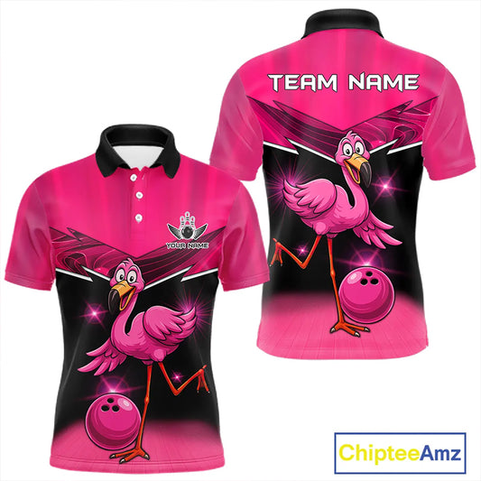 Funny Pink Flamingo Bowling Polo, 1/4 zip shirts for Men Custom Flamingo Team bowling outfit NQS11248