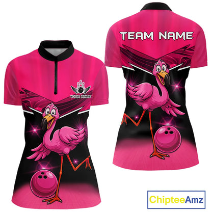 Funny Pink Flamingo Bowling Polo, 1/4 zip shirts for Women Custom Flamingo Team bowling outfit NQS11248