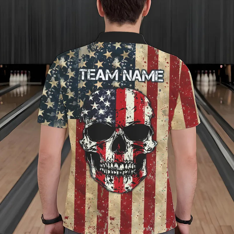 Retro American Flag Skull Camo Bowling Shirts For Men Custom Bowling Team Shirts Bowler Outfit NQS9371