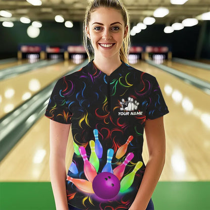 Colorful Neon Flame pattern Bowling Shirts For Women Custom Bowling Team Jerseys, Gift For Bowler NQS9374