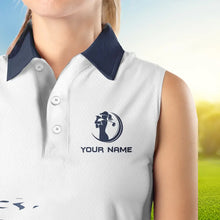 Load image into Gallery viewer, Blue and White Women sleeveless polo shirt custom golf attire for ladies, personalized golf gifts NQS9376