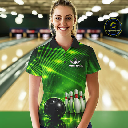 Green Light Bowling Polo, Quarter Zip Shirts For Women Custom Bowling Team Jerseys, Gift For Bowlers NQS11737