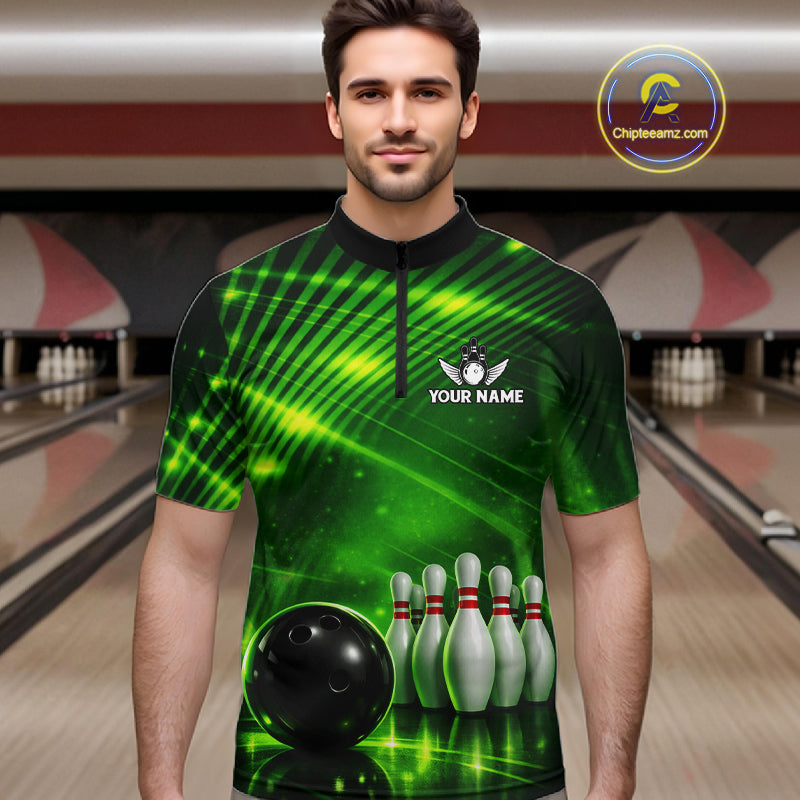 Green Light Bowling Polo, Quarter Zip Shirts For Men Custom Bowling Team Jerseys, Gift For Bowlers NQS11737