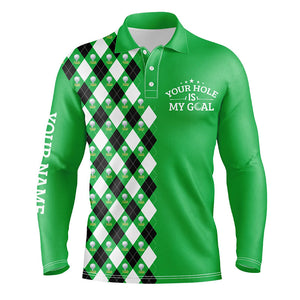 Funny Mens golf polo shirt green argyle pattern custom your hole is my goal, golfing gifts for men NQS7461