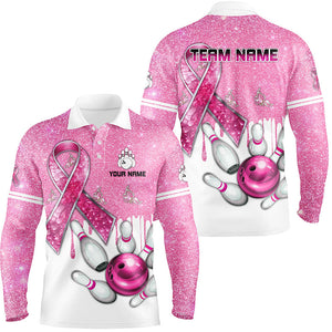 Pink ribbon glitter Bowling Shirts For Men Custom team bowling jerseys, breast cancer bowling shirts NQS8251