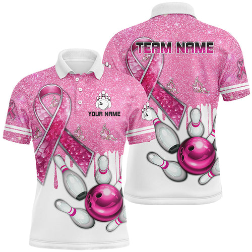 Pink ribbon glitter Bowling Shirts For Men Custom team bowling jerseys, breast cancer bowling shirts NQS8251