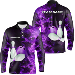 Black And Purple Flame Bowling Shirts For Men Custom Bowling Team Shirt Bowling Uniform Outfit NQS8711