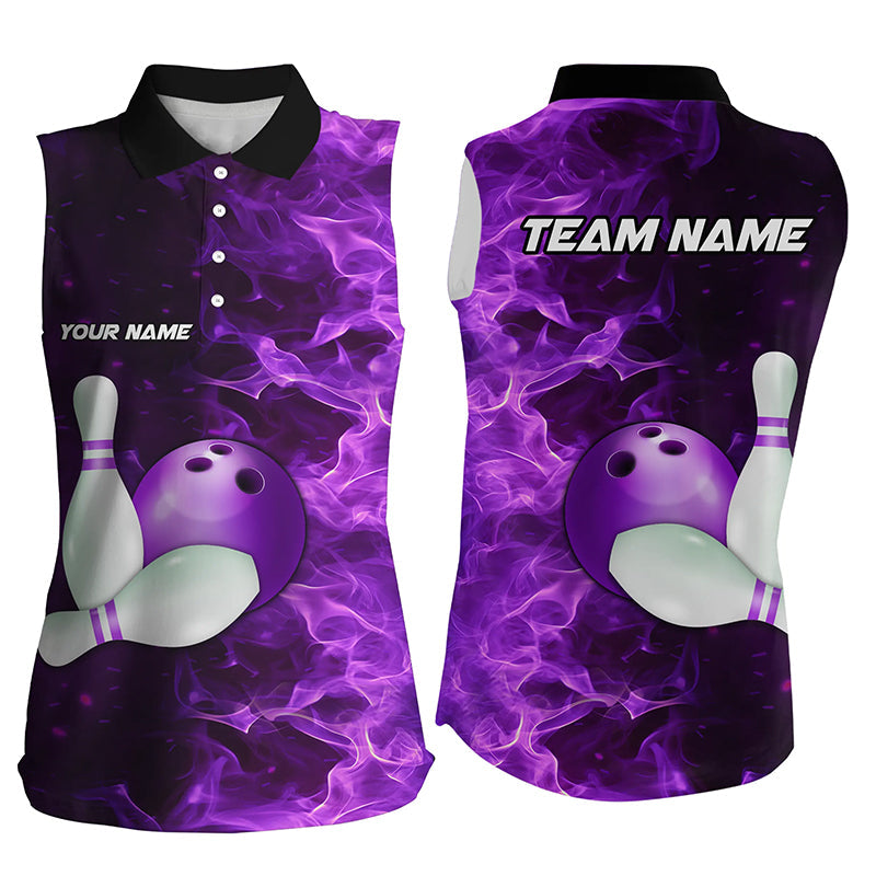 Black And Purple Flame Bowling Sleeveless Polo Shirt Custom Bowling Team Shirt Bowling Uniform Outfit NQS8711