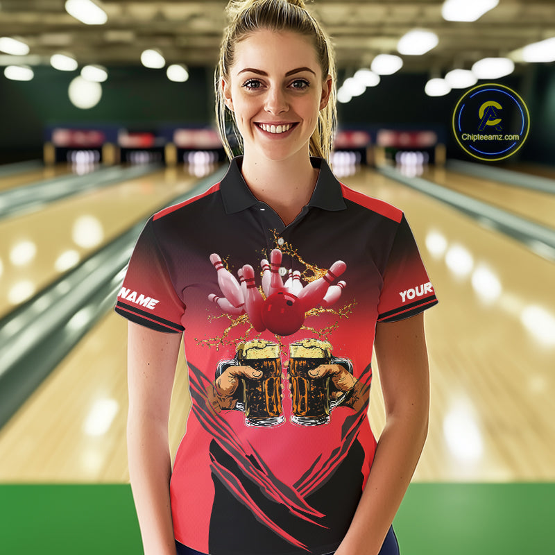 Bowling Beer Black and Red Bowling Polo, 1/4 Quarter zip shirts Custom Women Team Bowling jerseys NQS10873