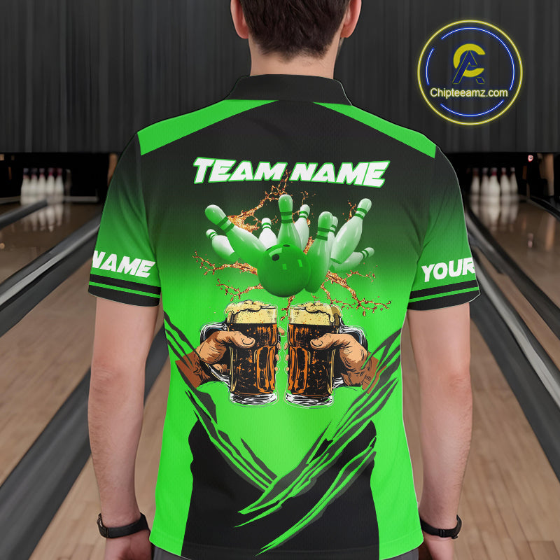Bowling Beer Black and Green Bowling Polo, 1/4 Quarter zip shirts Custom Mens Team Bowling jerseys NQS10874