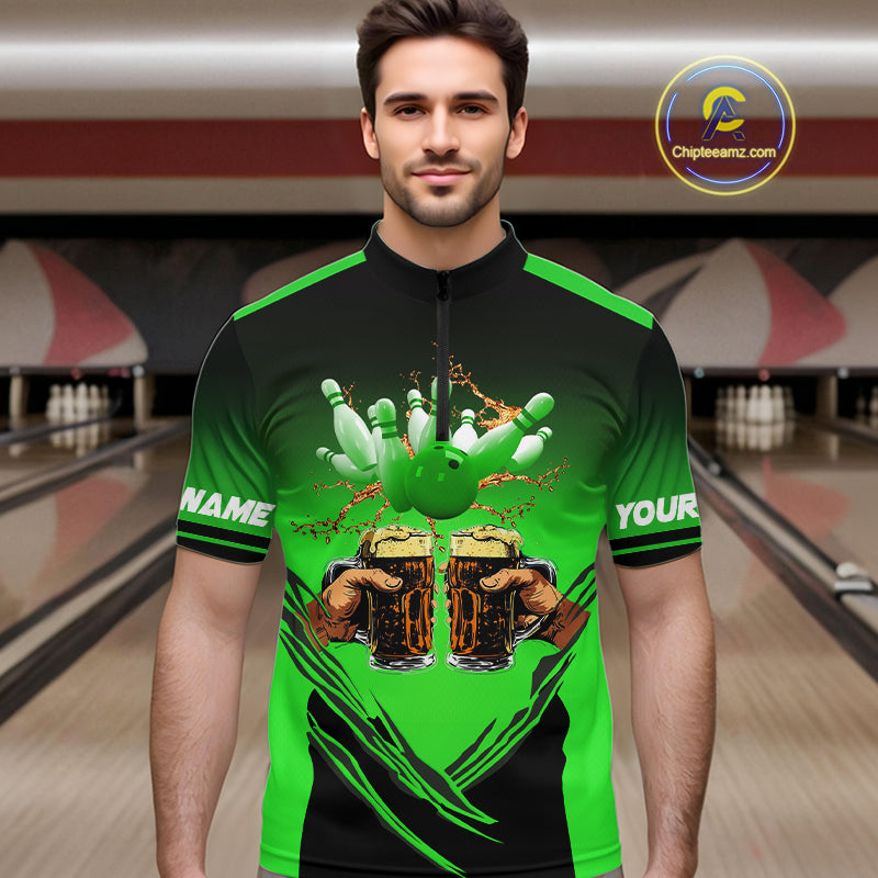 Bowling Beer Black and Green Bowling Polo, 1/4 Quarter zip shirts Custom Mens Team Bowling jerseys NQS10874