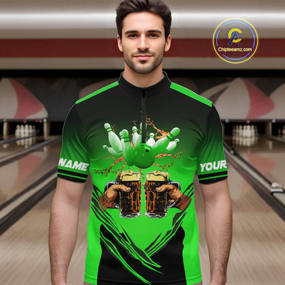 Bowling Beer Black and Green Bowling Polo, 1/4 Quarter zip shirts Custom Mens Team Bowling jerseys NQS10874