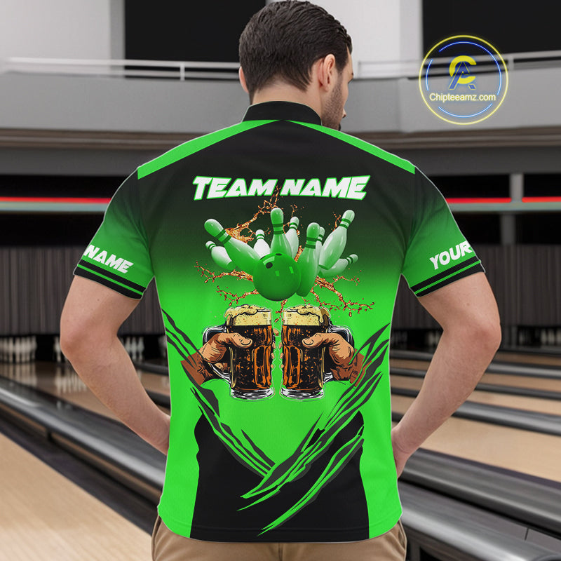 Bowling Beer Black and Green Bowling Polo, 1/4 Quarter zip shirts Custom Mens Team Bowling jerseys NQS10874