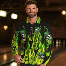 Load image into Gallery viewer, Green Flame clover skull St Patrick&#39;s Day Mens bowling shirts Custom Lucky Bowling Team Jerseys NQS9379