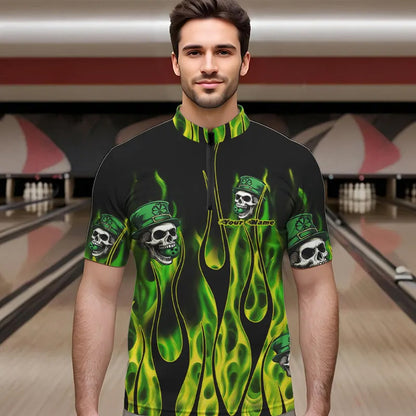 Green Flame clover skull St Patrick's Day Mens bowling shirts Custom Lucky Bowling Team Jerseys NQS9379