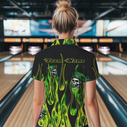Green Flame clover skull St Patrick's Day Women bowling shirts Custom Lucky Bowling Team Jerseys NQS9379