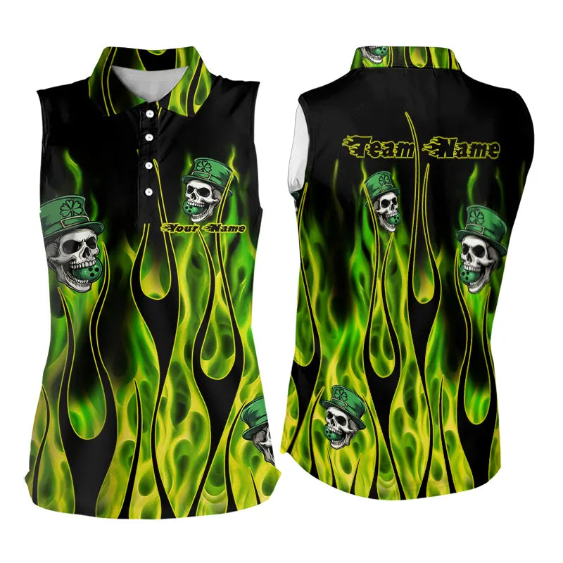 Green Flame clover skull St Patrick's Day Women sleeveless polo shirt Custom Lucky Bowling Team Jersey NQS9379
