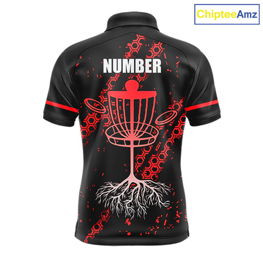 Black and Red Hexagon Pattern Disc Golf Polos, T-Shirt, Hoodies custom Team disc golf jerseys NQS11456