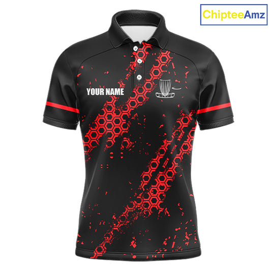 Black and Red Hexagon Pattern Disc Golf Polos, T-Shirt, Hoodies custom Team disc golf jerseys NQS11456