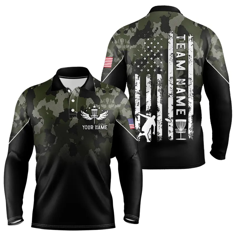Black Green Camo Mens Disc golf polo shirts custom American Flag patriotic team disc golf jerseys NQS9522