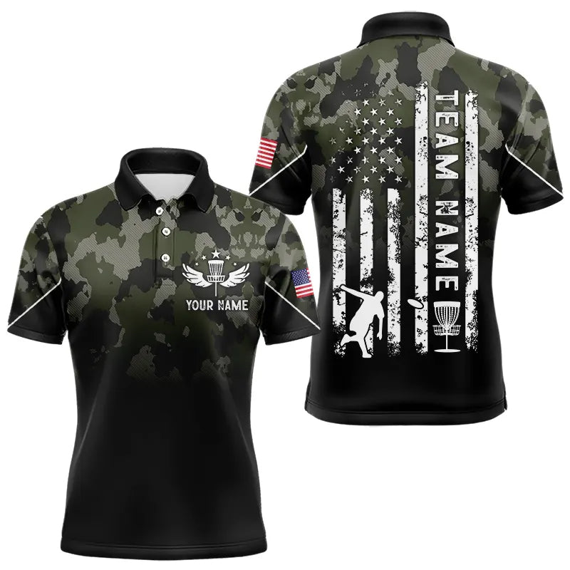 Black Green Camo Mens Disc golf polo shirts custom American Flag patriotic team disc golf jerseys NQS9522