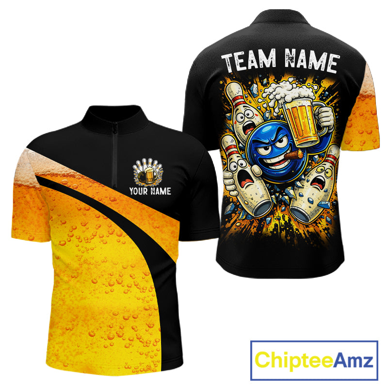 Custom Yellow Funny Beer Bowling Jersey for Men Bowling Uniform Polo & 1/4 Zip Bowling Team Shirts NQS11646