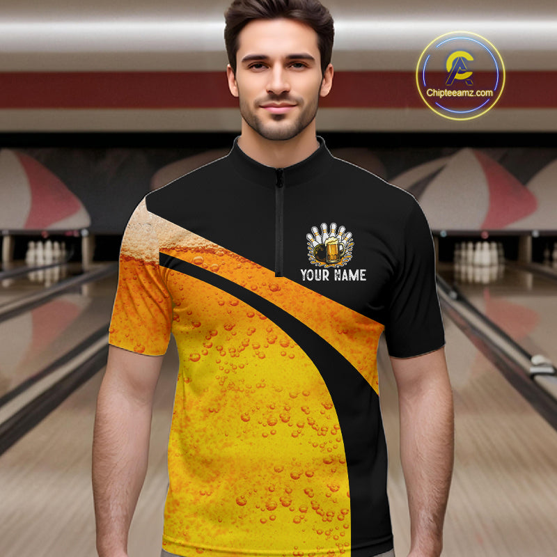 Custom Yellow Funny Beer Bowling Jersey for Men Bowling Uniform Polo & 1/4 Zip Bowling Team Shirts NQS11646