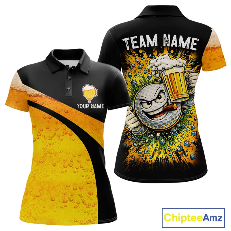 Custom Yellow Funny Beer Golf Polo Shirts For Women, golf outfits for ladies, Personalized golf gifts NQS11647