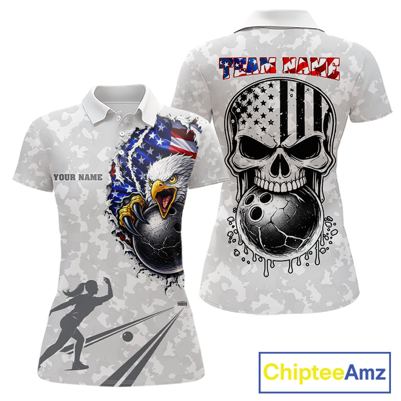 Personalized American Flag Skull Eagle Camo Bowling Team Shirts For Women, Patriotic Bowling Outfits NQS11648