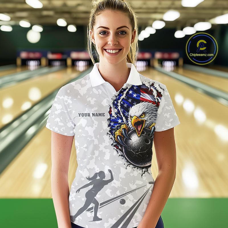 Personalized American Flag Skull Eagle Camo Bowling Team Shirts For Women, Patriotic Bowling Outfits NQS11648