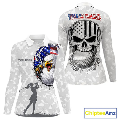 Personalized American Flag Skull Eagle Camo Golf Polo Shirts For Women, Patriotic Ladies Golf Outfits NQS11649