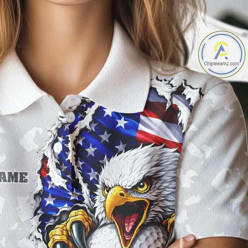 Personalized American Flag Skull Eagle Camo Golf Polo Shirts For Women, Patriotic Ladies Golf Outfits NQS11649