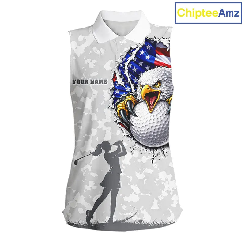 Personalized American Flag Skull Eagle Camo Sleeveless Golf Polo Shirt, Patriotic Ladies Golf Outfits NQS11649