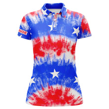 Load image into Gallery viewer, Red, white and blue tie dye American flag Womens golf polo shirts custom team golf shirts ladies NQS5466