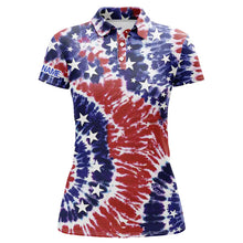 Load image into Gallery viewer, Red, white, and blue American flag tie dye Womens golf polo shirts custom patriotic team golf shirts NQS5469