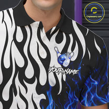 Load image into Gallery viewer, Black, White and Blue Flame Bowling Polo, Quarter Zip Shirts For Men Custom Bowling Team Jerseys NQS11739