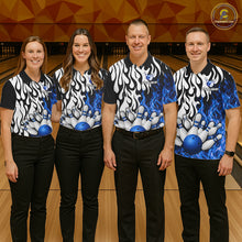 Load image into Gallery viewer, Black, White and Blue Flame Bowling Polo, Quarter Zip Shirts For Women Custom Bowling Team Jerseys NQS11739