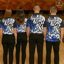 Load image into Gallery viewer, Black, White and Blue Flame Bowling Polo, Quarter Zip Shirts For Women Custom Bowling Team Jerseys NQS11739