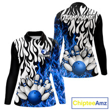 Load image into Gallery viewer, Black, White and Blue Flame Bowling Polo, Quarter Zip Shirts For Women Custom Bowling Team Jerseys NQS11739